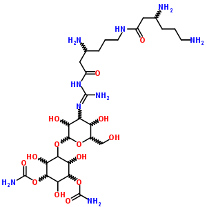 5-[(3-{[(1E)-amino({3-amino-6-[(3,6-diaminohexanoyl)amino]hexanoyl}amino)methylidene]amino}-3-deoxyhexopyranosyl)oxy]-2,4,6-trihydroxycyclohexane-1,3-diyl dicarbamate