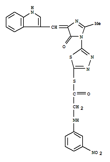 (5E)-5-(1H-indol-3-ylmethylidene)-2-methyl-3-[5-[2-[(3-nitrophenyl)ami no]acetyl]sulfanyl-1,3,4-thiadiazol-2-yl]imidazol-4-one molecular structure