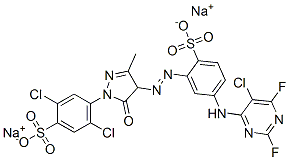 disodium 2,5-dichloro-4-[4-[[5-[(5-chloro-2,6-difluoro-4-pyrimidyl)amino]-2-sulphonatophenyl]azo]-4,5-dihydro-3-methyl-5-oxo-1H-pyrazol-1-yl]benzenesulphonate molecular structure
